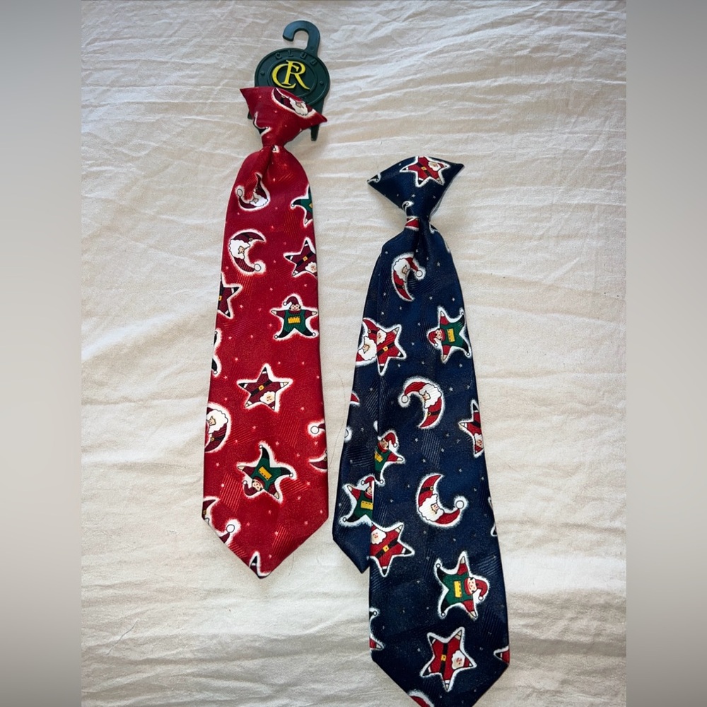 Club Room Boy's 100% Silk Blue And Red Christmas Clip On 11” Necktie Lot Of 2